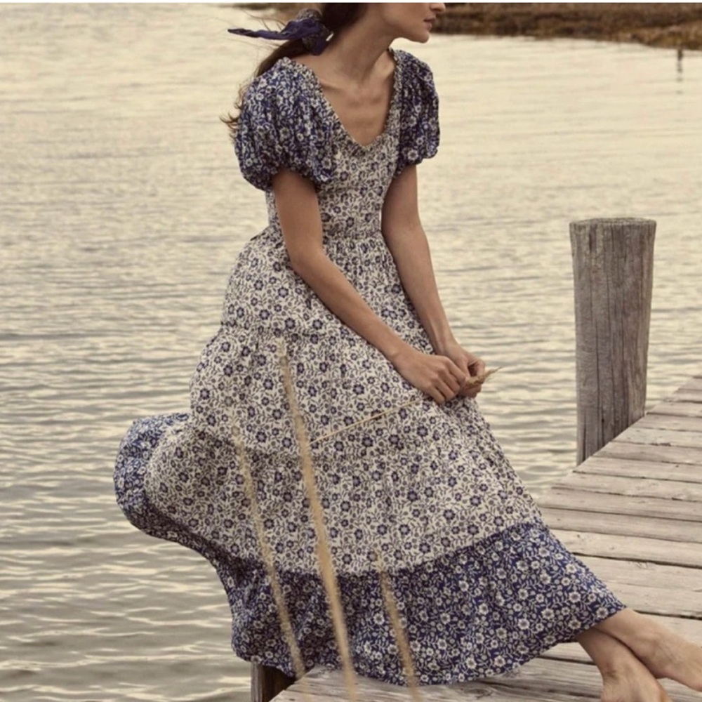Doen Blue and White Floral Puff-Sleeve Maxi Dress